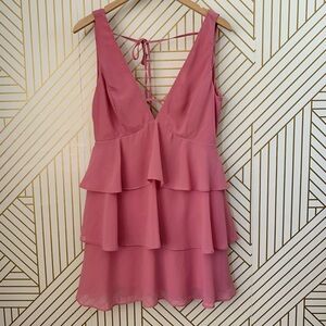 Lulu’s Tiered and True Skater Mini dress layered v neck ruffle chiffon Pink M